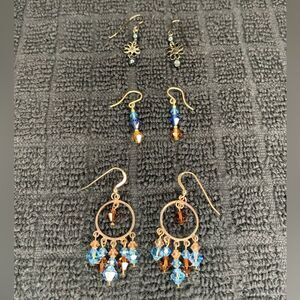 Beaded Dangling Pierced Earrings in Blue and Brown